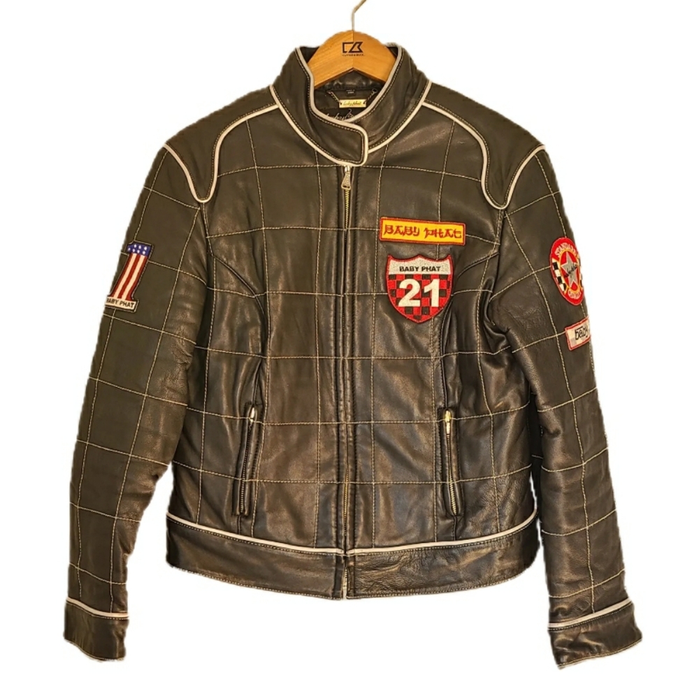 Baby Phat Y2K Leather Racing Bomber Jacket - L